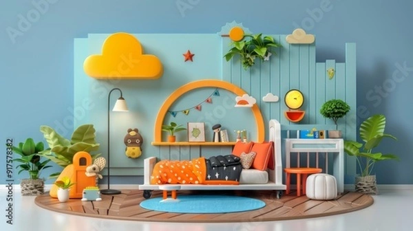 Obraz A colorful children's playroom featuring a cozy bed, playful tent, and a variety of toys. Bright and cheerful space with creative wall decor, perfect for imaginative play.