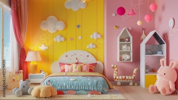 Obraz A brightly lit pink-themed bedroom for a young girl, featuring a comfortable bed, study desk, and playful decor, bathed in natural sunlight from a large window.