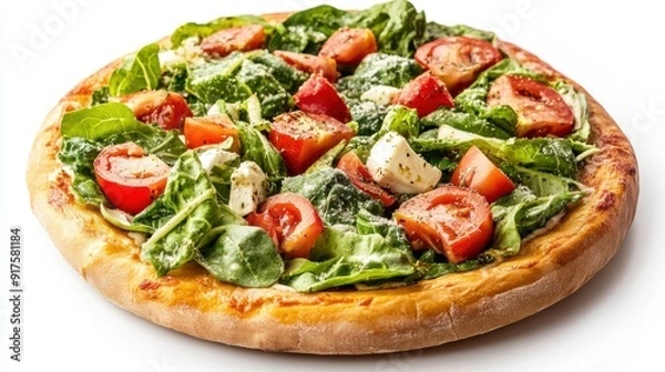 Fototapeta Realistic vegetable pizza topped with Caesar salad, white background