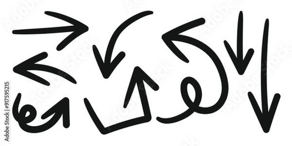 Obraz Hand drawn arrow mark icons vector. Scribble doodle underline emphasis line shape set. brush stroke highlight speech bubble cloud sparkle arrow element in childish drawing style.