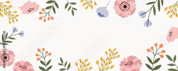 Obraz Flower art background vector. Botanical hand drawn floral line art. Design illustration for web, wallpaper, banner, print, poster, cover, greeting and invitation card.