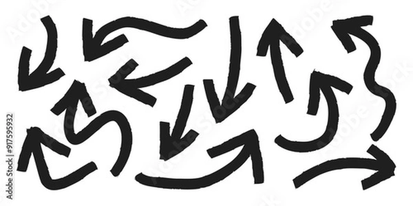 Obraz Hand drawn arrow mark icons vector. Scribble doodle underline emphasis line shape set. brush stroke highlight speech bubble cloud sparkle arrow element in childish drawing style.