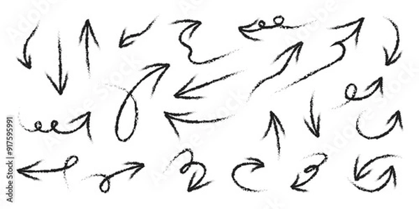 Fototapeta Hand drawn arrow mark icons vector. Scribble doodle underline emphasis line shape set. brush stroke highlight speech bubble cloud sparkle arrow element in childish drawing style.