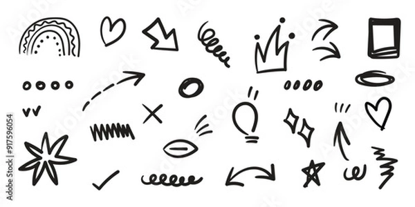Fototapeta Hand drawn arrow mark icons vector. Scribble doodle underline emphasis line shape set. brush stroke highlight speech bubble cloud sparkle arrow element in childish drawing style.
