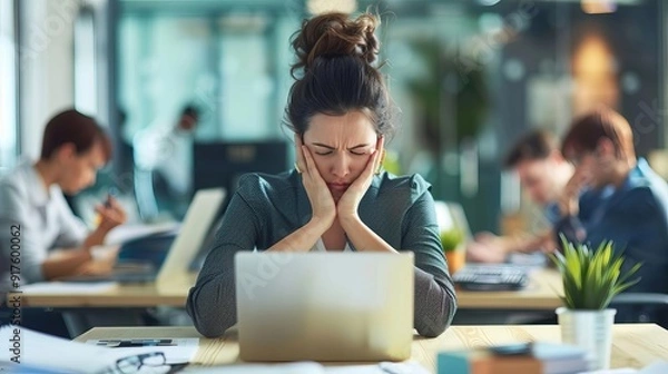 Obraz High stress at work, burnout, physical exhaustion, and lower productivity. Corporate office environment.
