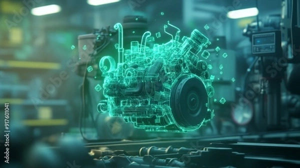Obraz Cyberpunk Holographic Gasoline Supply Chains Over Disassembled Engine in Dark Industrial Setting