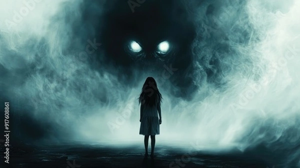 Fototapeta Lone girl faces spectral entity in mysterious fog