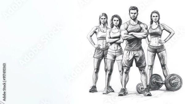 Fototapeta Pencil sketch outline of A group of sports person exercise at gym