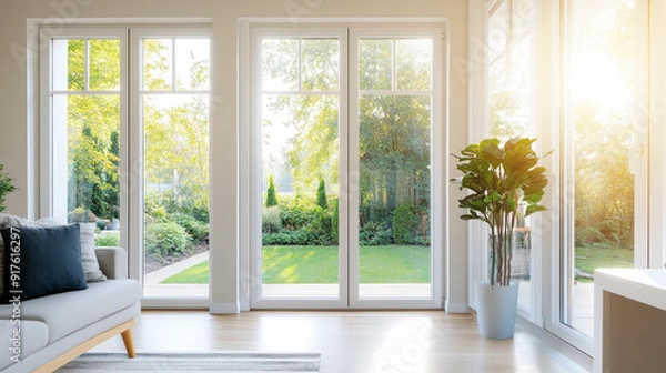 Fototapeta Morning view from modern home to an outside backyard through windows