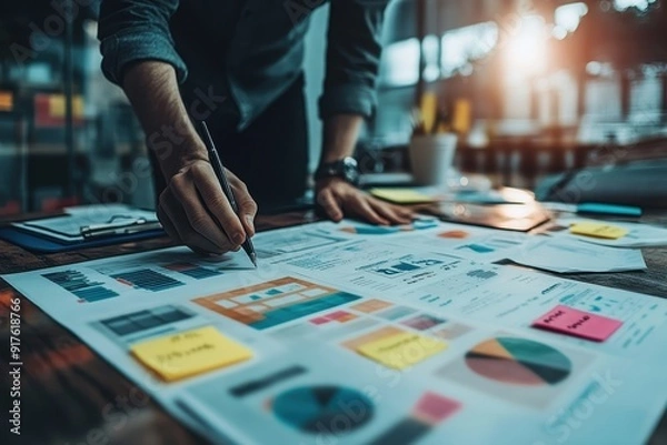 Fototapeta Modern Digital Marketing Workspace with Keyword Research Tools and Strategic Notes for SEO Optimization