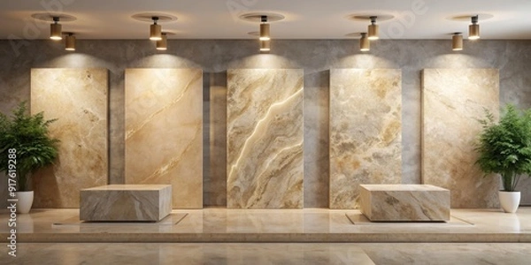 Fototapeta Beige stone slabs in rendering backdrop for luxury goods display, luxury goods, advertising, backdrop