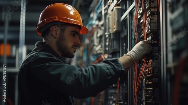 Fototapeta Connecting the Future: A focused electrician meticulously works on a complex server rack, highlighting the crucial role of skilled labor in the digital age. 