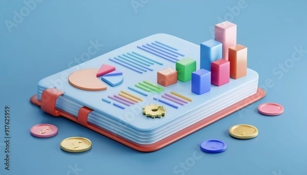 Fototapeta 3D colorful notebook with financial charts and graphs, 3D rendering