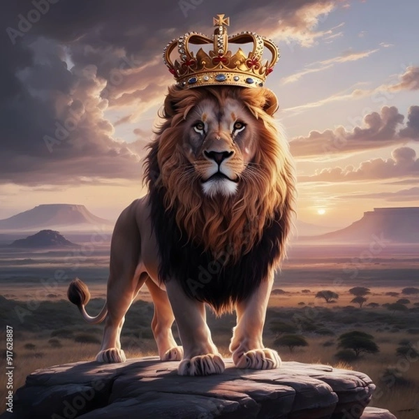 Obraz Majestic Lion with Jewel-Encrusted Crown Overlooking Savannah at Sunset