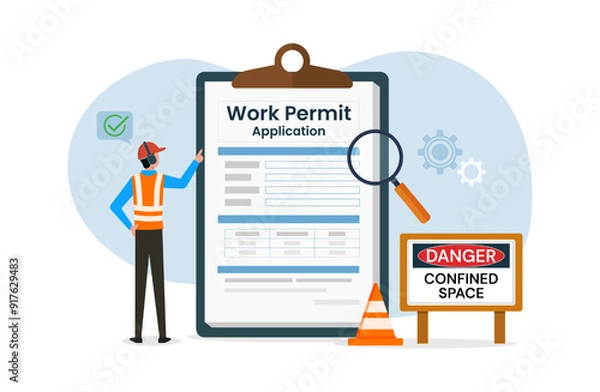 Fototapeta Work Permit Application Job Employment Concept with confined space safety sign
