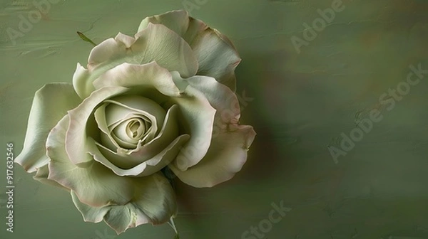 Obraz A soft sage rose unfolding on a muted green wall, with delicate folds and a natural ambiance