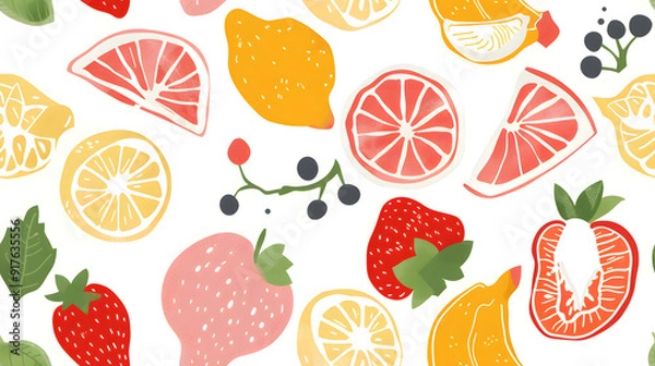 Fototapeta Seamless Watercolor Flat Lay Composition With Fresh Fruits With Leaves a Vibrant Pattern on a Plain Background Print for Textile, Packaging, Banner, Decor, Wrap, Fashion, Accessories, Web, Social.