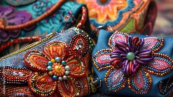 Obraz Artistic embroidery on fabric, showcasing a intricate patterns and stitches.
