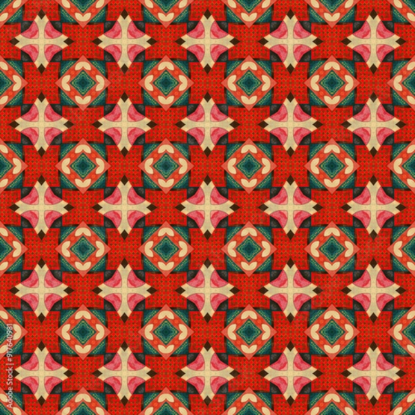 Fototapeta Brightly colored symmetrical seamless pattern created with the help of generative AI and suitable for wallpapers, textures, 3D maps and more