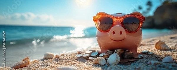 Fototapeta Piggy Bank Wearing Sunglasses on Beach with Stacked Coins and Seashells, Concept of Financial Growth and Summer Vacation Savings, Front View with Copy Space