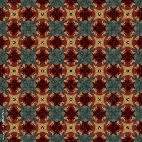 Fototapeta Brightly colored symmetrical seamless pattern created with the help of generative AI and suitable for wallpapers, textures, 3D maps and more