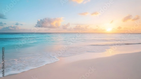 Fototapeta Serene Beachscape: Gentle Waves, Clear Blue Sky, and Soft White Sand Crafting a Tranquil, Spacious Seaside Atmosphere