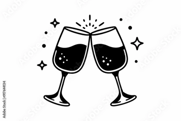 Fototapeta Clink glasses champagnes black vector icon. Two wine glass cheers vector icon. Celebrate party
