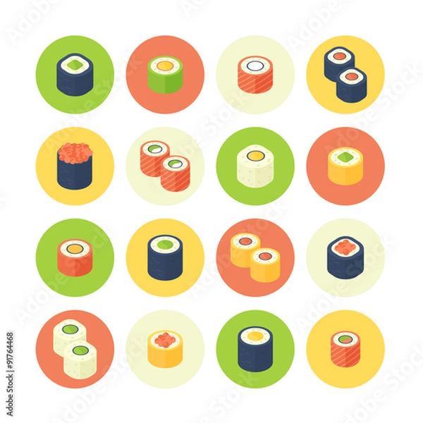 Fototapeta Flat isometric sushi icons set