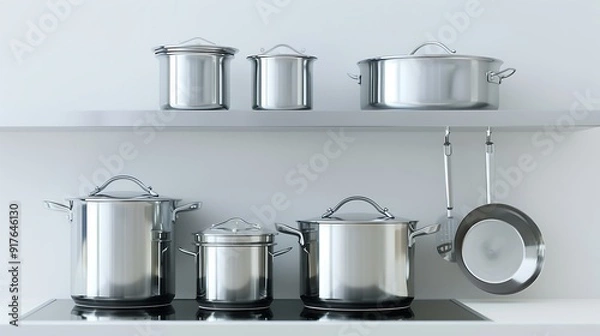 Obraz A shiny stainless steel cookware set arranged on a modern kitchen shelf, with a few gleaming pots and pans - Minimalist style