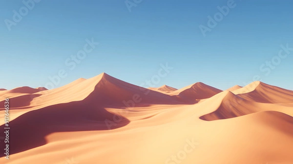 Fototapeta Vast, arid desert, golden sand dunes, endless horizons, high quality, photorealistic, tranquil, remote, camel caravan, nomadic, breathtaking, clear blue sky, oasis, solitude