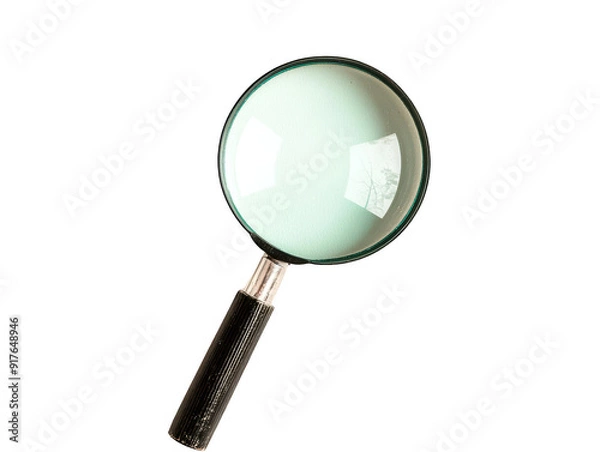 Fototapeta Close-up image of a classic magnifying glass with a black handle, ideal for exploration, inspection, and study purposes on a white background. PNG, Transparent, No Background