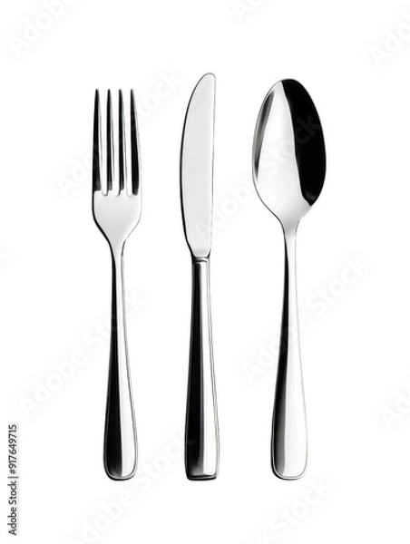 Fototapeta Shiny stainless steel cutlery set isolated on white background, featuring a fork, knife, and spoon. Perfect for dining and kitchen use. PNG, Transparent, No Background