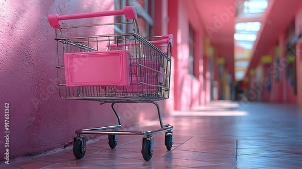 Obraz  A minimalist pink shopping cart stands on a matching pink background. The cart is empty, and the monochromatic setting highlights its sleek design, creating a modern and clean visual. 