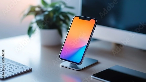 Fototapeta Modern Workplace Setup with Smartphone on Stand