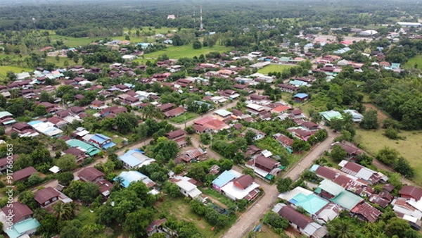 Fototapeta Aerial view of beautiful Terraced rice field in rainy season at Thailand.