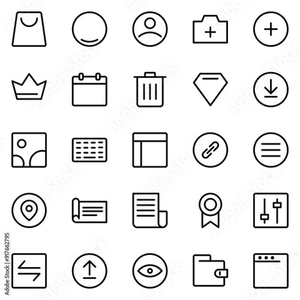 Fototapeta Collection of Basic Interface Element Related Vector Line Icons. Contains Icons like Shopping Bag, Crown, Diamond, Image and more. Editable stroke. 48x48 pixels
