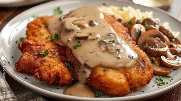 Fototapeta Plate of traditional schnitzel with mushroom sauce. Generative Ai
