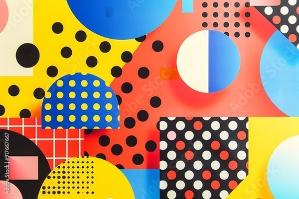 Fototapeta Colorful polka dot and geometric shape backdrop featuring primary hues for an eye-catching design...