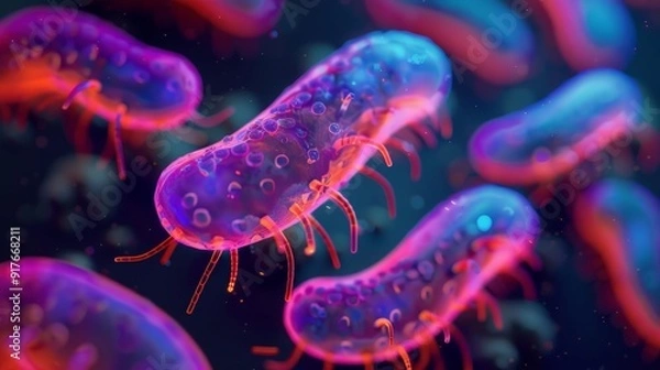 Fototapeta Microscopic view of protozoan parasites under UV light, with glowing details, vibrant colors, photorealistic, high detail.
