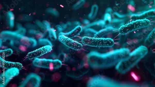 Fototapeta Microscopic view of protozoan parasites interacting with microbes, illuminated by digital holograms, bright and dark contrast, sci-fi, digital art.