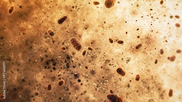 Fototapeta Prokaryotic bacteria forming biofilms on a surface, shown with a mix of vintage and modern scientific elements, sepia tones, mixed media.