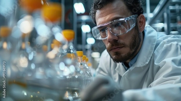 Fototapeta A focused scientist in a lab coat and safety glasses examines equipment in a laboratory setting.
