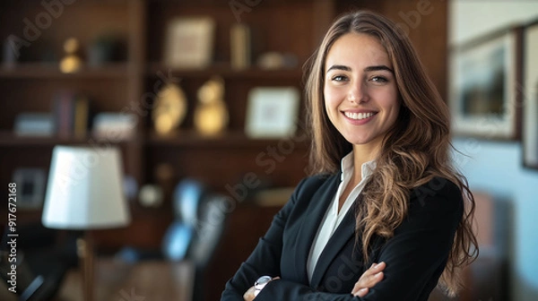 Fototapeta woman, lawyer, smiling, upscale law firm office background, with copy space