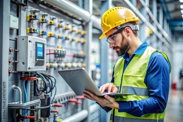 Fototapeta A man in a hard hat is looking at a tablet while standing in a room with many wi