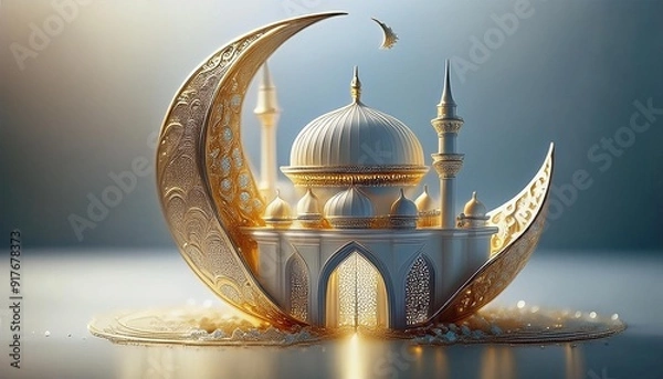 Obraz 三日月、モスク、アラベスク模様、金色の光、イスラム建築、エレガント、装飾的、伝統的アート、ゴールドの装飾、白と金のコントラスト