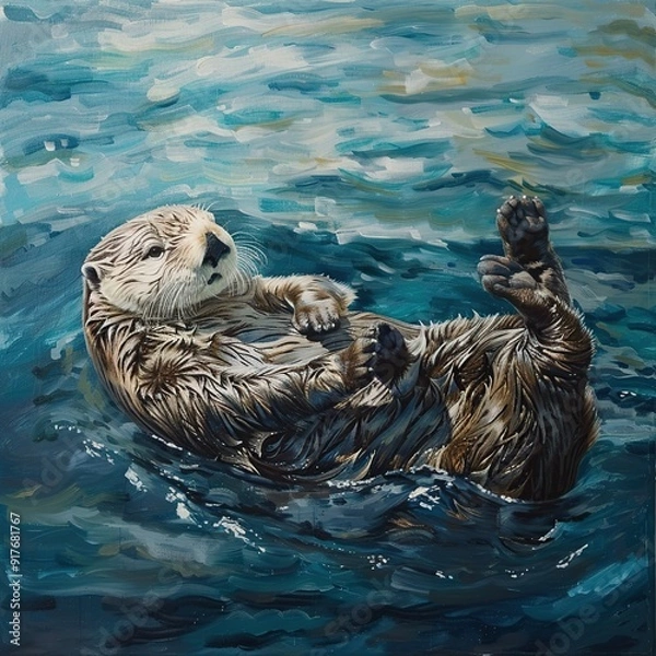 Fototapeta Playful Sea Otter Floating on its Back in the Ocean
