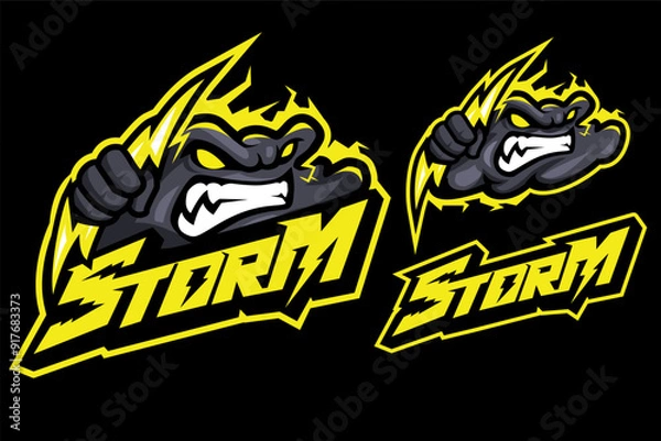 Fototapeta angry cloud holding lightning mascot logo