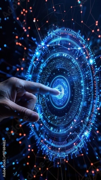 Fototapeta A futuristic hand interacting with a glowing digital interface, representing technology and innovation in a virtual world.