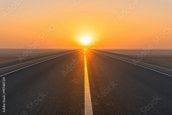 Fototapeta A serene road stretching towards a vibrant sunset, illuminating the horizon with warm golden hues.