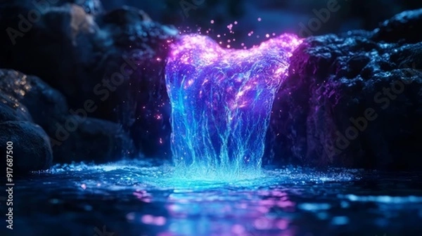 Fototapeta A vibrant and enchanting waterfall surrounded by glowing rocks, creating a mystical atmosphere in a serene landscape.
